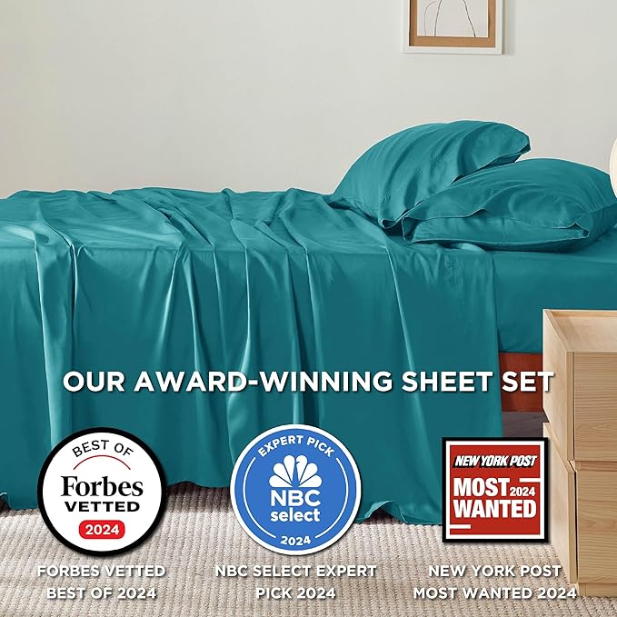 Bedsure Queen Sheet Set, Rayon Derived from Bamboo, Cooling Sheets, Breathable & Soft, Deep Pocket Up to 16 Inches, Hotel Luxury Silky Bedding for Hot Sleepers, Turquoise