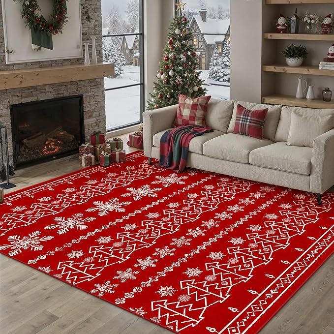 Christmas Area Rug 6x9 Red Washable Living Room Carpet Xmas Snowflake Holiday by PureCozy