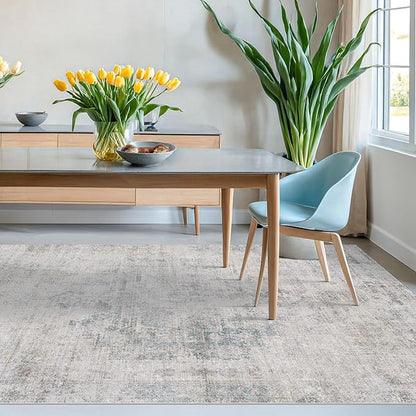 Blue Farmhouse Area Rug for Bedroom - 7x9 Washable Rug for Dining Room Table, Ultra-Thin Soft Textured Boho Abstract Blue and Gray Indoor Decor, Fade & Stain Resistant