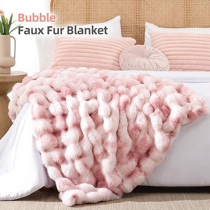 Smoofy Faux Fur Throw Blanket for Couch Rabbit Fleece - Tie-dye Pink Fluffy Blanket for Sofa Bedroom Living Room, Cozy Soft Plush Luxury Thick Winter Fuzzy Comfy Bubble Blanket - 50" x 60"