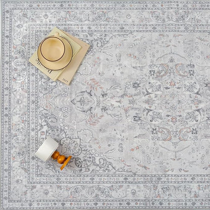 Grey 8x10 Area Rug Washable Vintage Carpet for Living Room Bedroom Large Soft Retro Floral Low Pile Thin Indoor Rug Non Slip Central Medallion Floor Cover for Dining Room Office