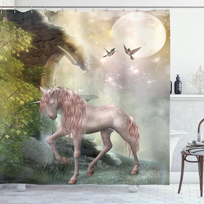 Ambesonne Hummingbirds Shower Curtain, Unicorn Green Spring Leaves Birds by Ambesonne