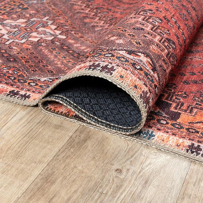 Bloom Rugs Washable Non-Slip 9' x 12' Rug - Red/Multicolor Traditional Bordered Area Rug for Living Room, Bedroom, Dining Room, and Kitchen - Exact Size: 9' x 12'