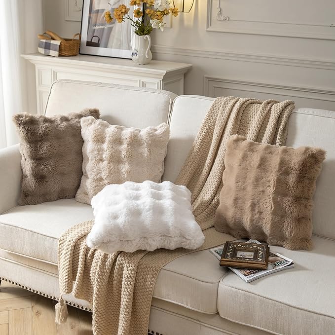 Pack of 2 Thick Plush Throw Pillow Covers Fluffy Wave Faux Fur Decorative Cushion Covers Soft Wool Pillowcase for Sofa Couch Livingroom 12x20 Inch White