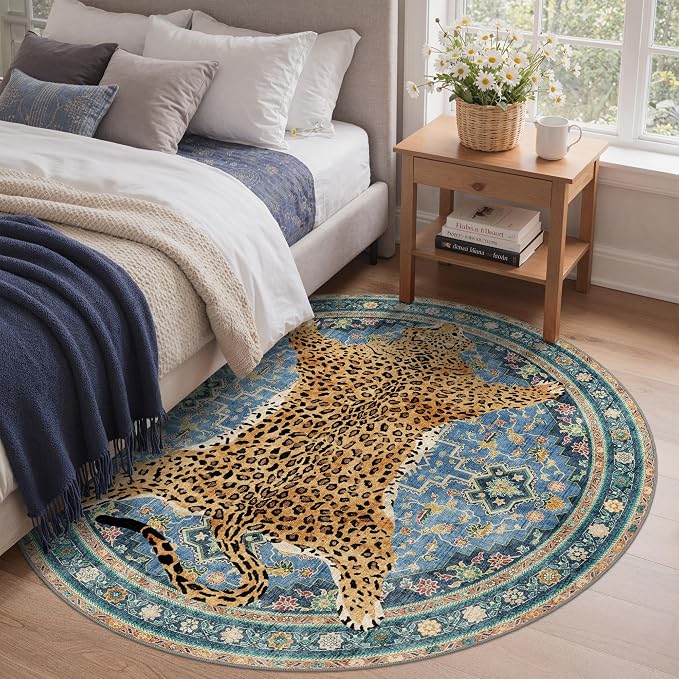 Bavni 4FT Leopard Round Rug, Machine Washable Cheetah Animal Print Low Pile by BAVNI