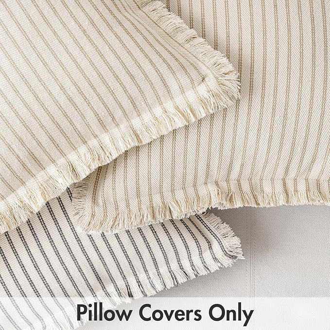 MIULEE Gray Pack of 2 Pillow Covers 18x18 Inch Striped Farmhouse Couch Throw Pillow Covers with Fringe Chic Linen Decorative Cushion Covers for Sofa Living Room Bed Outdoor Home Decor