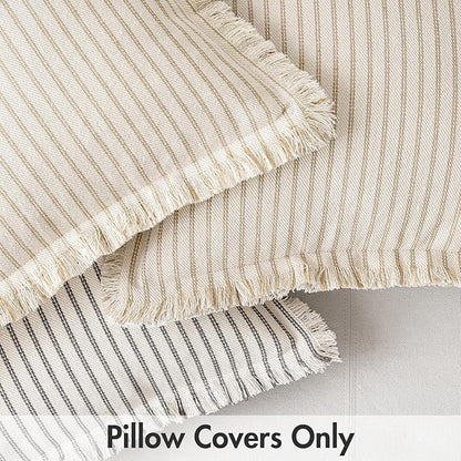MIULEE Gray Pack of 2 Pillow Covers 18x18 Inch Striped Farmhouse Couch Throw Pillow Covers with Fringe Chic Linen Decorative Cushion Covers for Sofa Living Room Bed Outdoor Home Decor