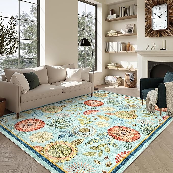 GarveeHome 8x10 Floral Washable Area Rug: Large Living Room Area Rug with Non-Slip Backing Washable Ultra Soft Bedroom Floral Carpet Indoor Stain Resistant Carpet for Dining Room 8 * 10 ft Light Blue