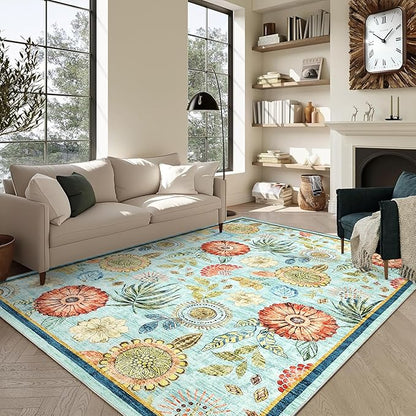 GarveeHome 8x10 Floral Washable Area Rug: Large Living Room Area Rug with Non-Slip Backing Washable Ultra Soft Bedroom Floral Carpet Indoor Stain Resistant Carpet for Dining Room 8 * 10 ft Light Blue
