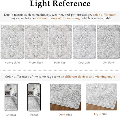 Grey 8x10 Area Rug Washable Vintage Carpet for Living Room Bedroom Large Soft Retro Floral Low Pile Thin Indoor Rug Non Slip Central Medallion Floor Cover for Dining Room Office