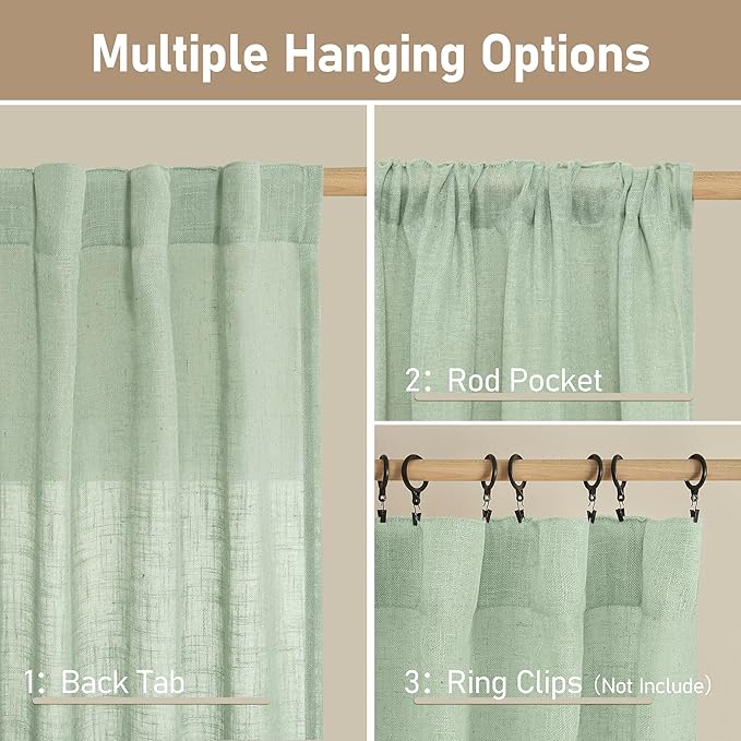 LAMIT Semi Sheer Window Linen Curtains 63 Inch Length, Light Filtering Panels Back Tab and Rod Pocket Country Decor Drapes for Bedroom/Living Room, Fresh Green, 2 Panels, 34 x 63 Inch