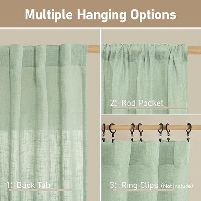 LAMIT Semi Sheer Window Linen Curtains 63 Inch Length, Light Filtering Panels Back Tab and Rod Pocket Country Decor Drapes for Bedroom/Living Room, Fresh Green, 2 Panels, 34 x 63 Inch