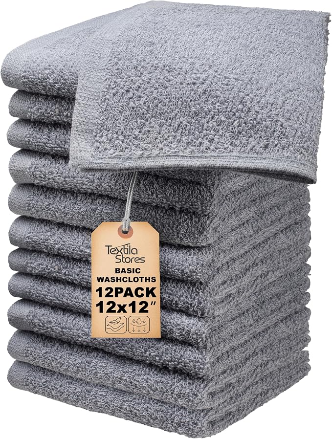 Basic Wash Cloths 12x12 Inches – Pack of 12 – Grey Color – Soft and Absorbent by TEXTILA