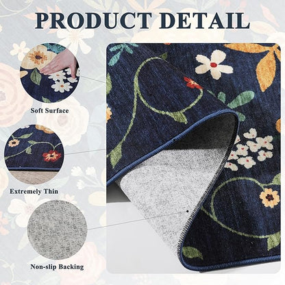 DUKINO Runner Rug, 2x10 Kitchen Hallway Carpet, Washable with Non-Slip Backing, Low Pile Soft Boho Floral for Entryway, Laundry, Bedroom, Dark Blue