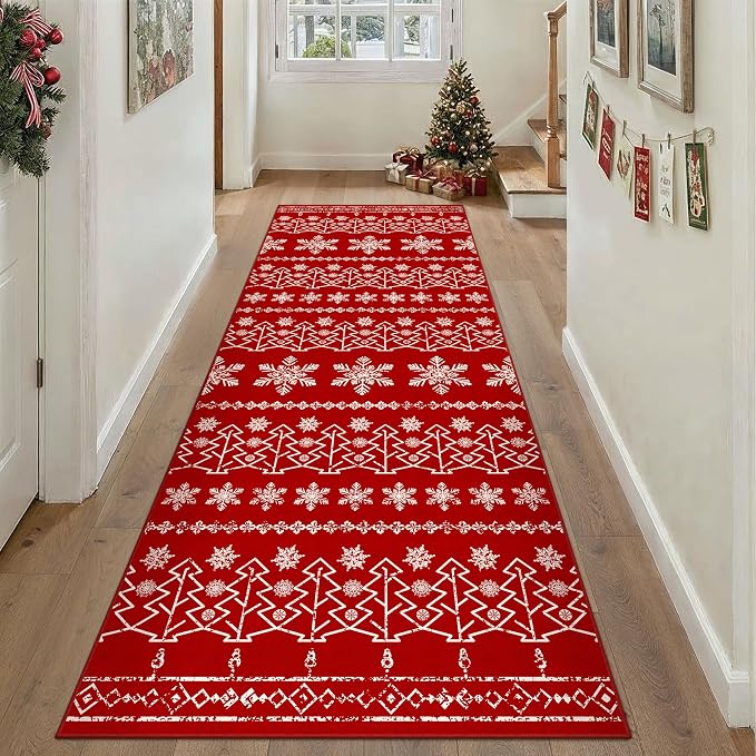 Christmas Runner Rug 3x10 Red Washable Carpet Xmas Snowflake Holiday Decor by PureCozy