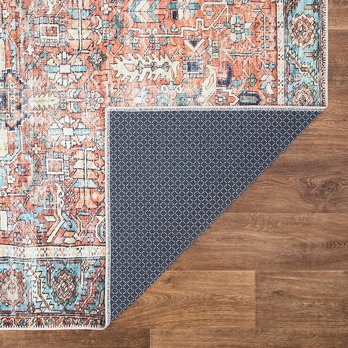 Bloom Rugs Washable Non-Slip 9' x 12' Rug - Orange/Blue Traditional Area Rug for Living Room, Bedroom, Dining Room, and Kitchen - Exact Size: 9' x 12'