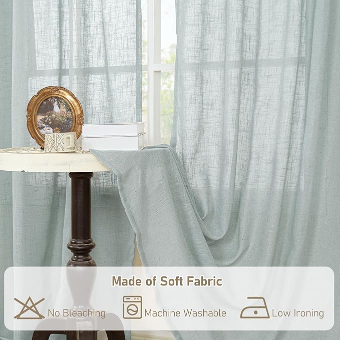 LAMIT Linen Curtains 108 Inches Long for Living Room, Back Tab and Rod Pocket Linen Textured Sheer Curtains Light Filtering Curtains for Boho Farmhouse, 2 Panels, 52 x 108 Inch, Greyish Blue