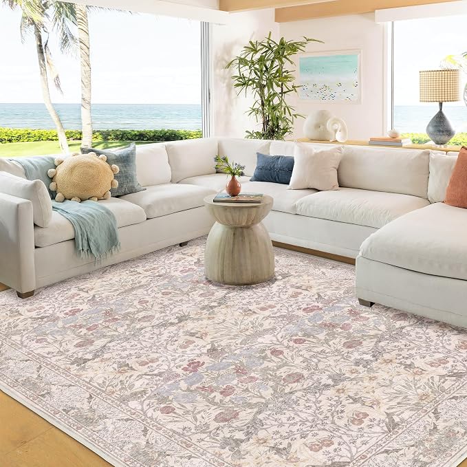 6x9 Floral Living Room Rug: Vintage Beige Washable Rug Floral Soft Carpet - Image 4