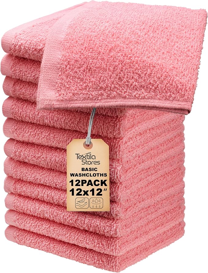 Basic Wash Cloths 12x12 Inches – Pack of 12 – Rose Pink Color – Soft and by TEXTILA