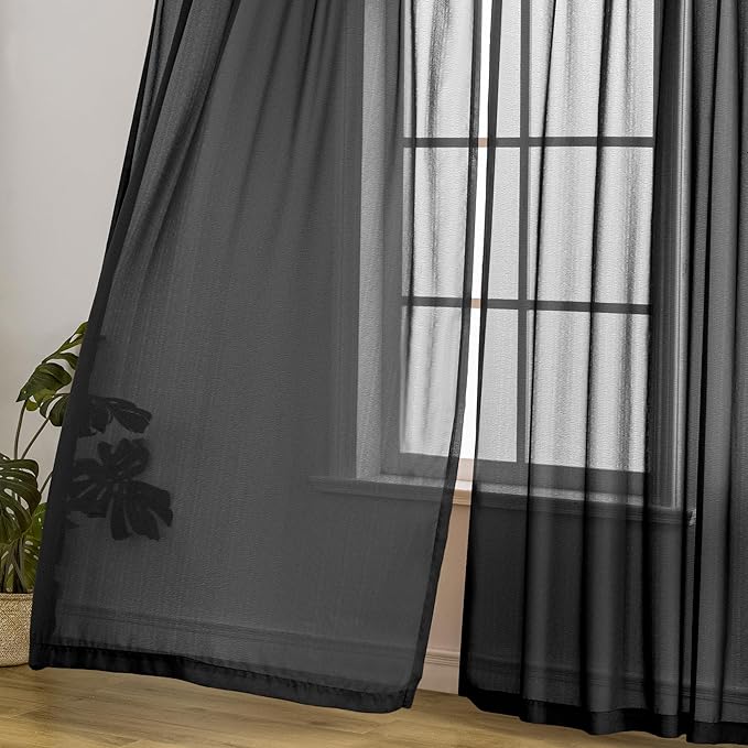 MAIHER Black Pleated Sheer Curtains 90 Inch Length for Bedroom Soft Touch Light Filtering Lightweight Pinched Pleated Drapes with Adjustable Hooks for Living Room, Black, 42" W x 90" L, 2 Panels