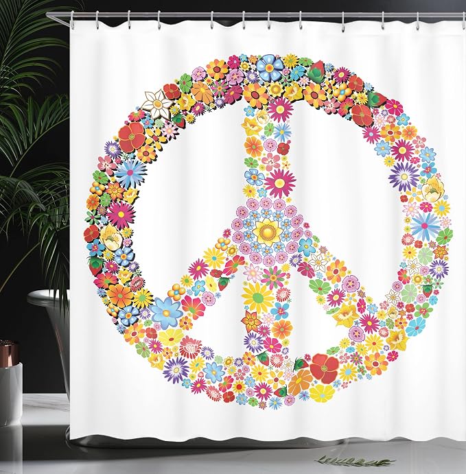 Ambesonne Groovy Shower Curtain, Floral Peace Sign Summer Spring Blooms Love - Image 3