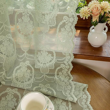 Green Lace French Delicacy Curtains 63 Inches Long -Rod Pocket Luxury Vintage Bow Butterfly Sheer Lace Flower Curtains for Living Room Bedroom，52 x 63 Inch, 2 Panels