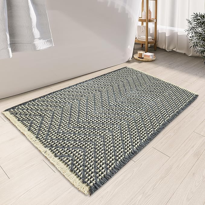 Bath Mats for Bathroom Non Slip,Waffle Luxury Bath Mat,Machine Washable Bath Mat for Shower,Ultra Soft Bathmat,Bluish Grey & Yellow,17"*24"