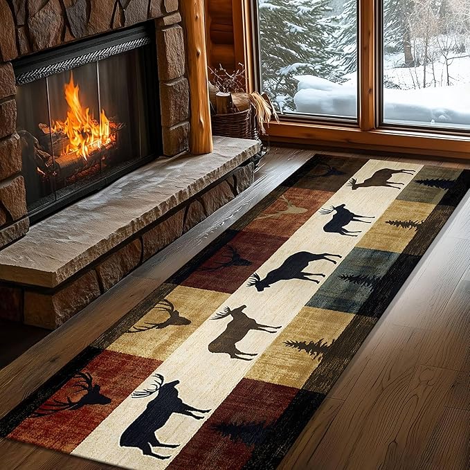 Colorful Elk Pine Tree Bohemian Hallway Rug 3.3x10ft with Checkered Texture - Retro Washable Kitchen Mat, Non-Slip Floor Decor for Dining Room Balcony, Canvas Art Style