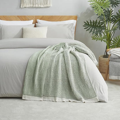 Amélie Home Waffle Chenille Throw Blanket for Couch, Pineapple Stitch Knit Soft Cozy Knit Blanket Decorative Throw for Sofa, Chair, 50"x60", Sage Green&Ivory