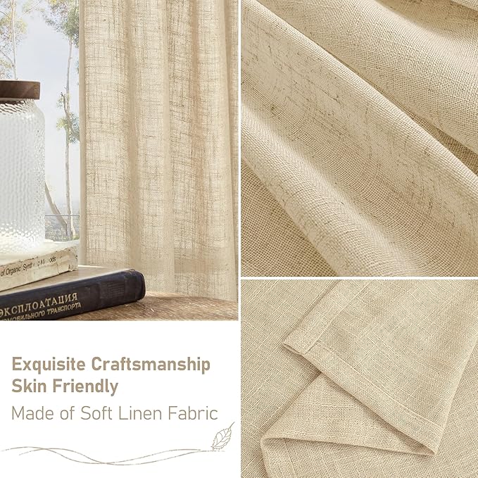 LAMIT Semi Sheer Window Linen Curtains 54 Inch Length, Light Filtering Panels Back Tab and Rod Pocket Neutral Drapes for Bedroom/Living Room, Linen, 2 Panels, 34 x 54 Inch