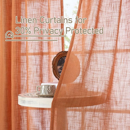 LAMIT 54 Inch Semi Sheer Window Linen Curtains, Light Filtering Panels Back Tab and Rod Pocket Country Decor Drapes for Bedroom/Farmhouse, Burnt Orange, 2 Panels, 34 x 54 Inch