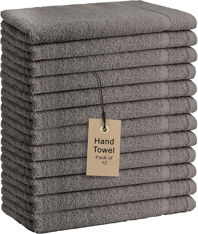 Basic Hand Towels 16x26 Inches – Pack of 12 – Grey Color – Soft and Absorbent by TEXTILA
