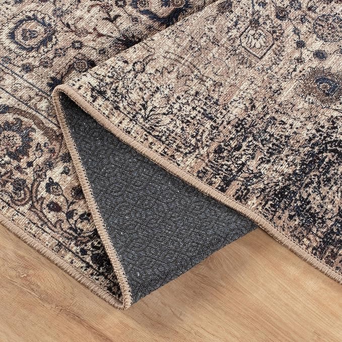 Bloom Rugs Washable Non-Slip 10 ft Runner - Light Tan/Blue Traditional Oriental Runner for Entryway, Hallway, Bathroom, and Kitchen - Exact Size: 2.5' x 10'