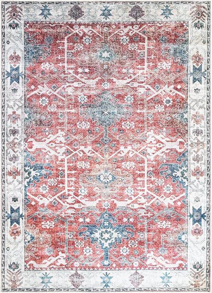 Bloom Rugs Washable Non-Slip 6' x 9' Rug - Red/Blue Traditional Area Rug for Living Room, Bedroom, Dining Room, and Kitchen - Exact Size: 6' x 9'