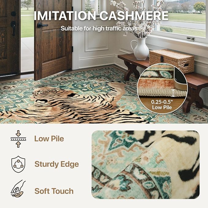 Bavni 3x5 Tiger Rug, Machine Washable Animal Print Low Pile Boho Woodland - Image 5