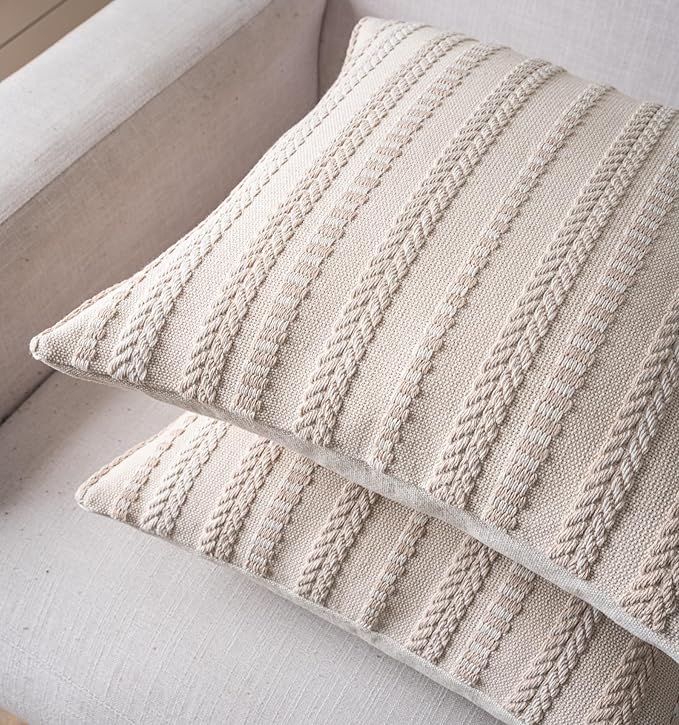 Boho Throw Pillow Covers 18x18 Inch Set of 2, Farmhouse Decorative Couch Pillow Cases, Beige Accent Pillows of Bed, Sofa Bedroom Living Room Home Decor Cushion Cover