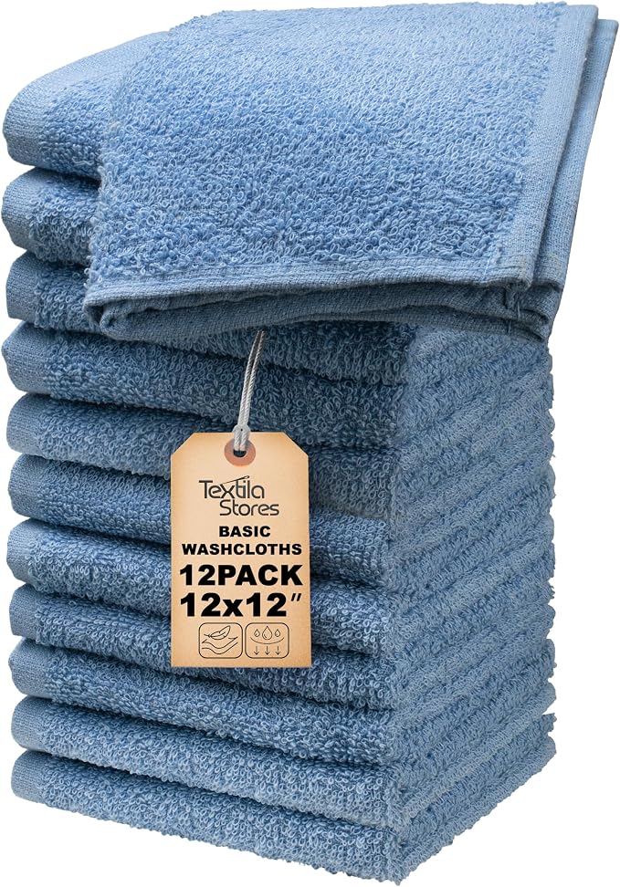 Basic Wash Cloths 12x12 Inches – Pack of 12 – Blue Color – Soft and Absorbent by TEXTILA