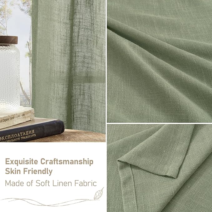 LAMIT Sage Green Linen Boho Curtains, 84 inch Length, 2 Panels, Light Filtering, Semi Sheer, Back Tab and Rod Pocket, Neutral Panels for Bedroom/Living Room, 34 x 84 Inch