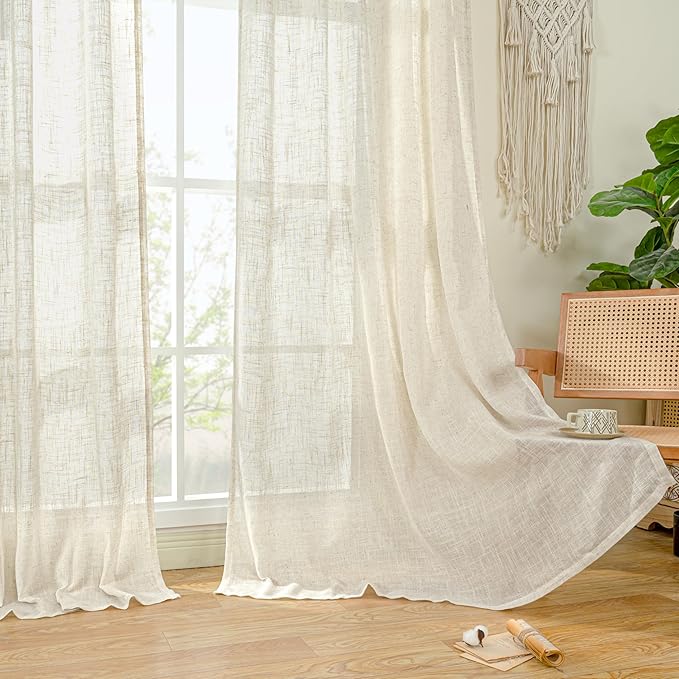 LAMIT Light Filtering Natural Linen Curtains 63 inches Long, Ivory Cream Linen Textured Semi Sheer Back Tab and Rod Pocket Boho Drapes for Bedroom/Living Room, 2 Panels, 70 x 63 Inch