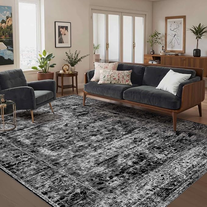 Area Rugs 5x7, Washable Black Rugs by OHWPEAT