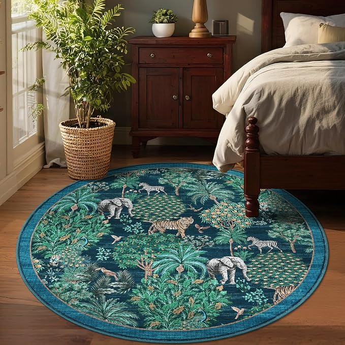 GarveeHome Jungle Round Washable Rugs 4ft Non-Slip Soft Round Rug - Image 3