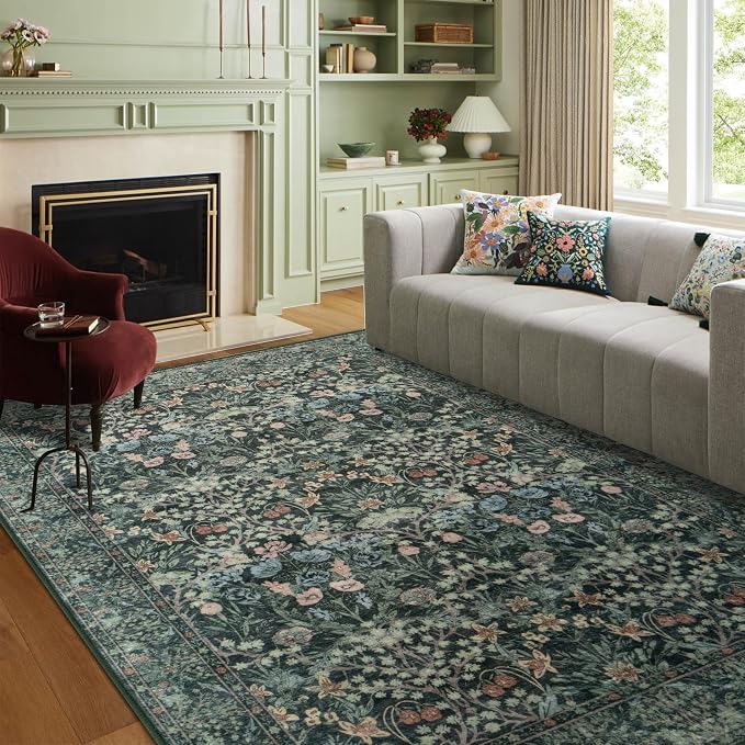 5x7 Washable Rug Vintage Floral Green Area Rug Non Slip Low Pile Large Rugs - Image 2