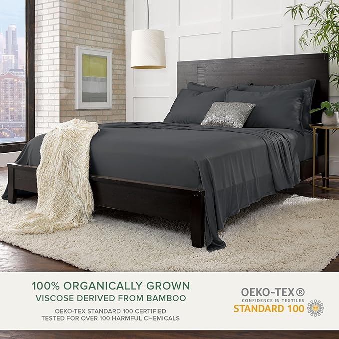 Pure Bamboo King Sheets, Genuine 100% Organic Viscose Derived from Bamboo Bed Sheet Set, Luxuriously Soft & Cooling, Double Stitching, 2 Year Quality Promise (King, Charcoal)