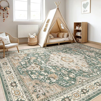 Green Rug Living Room Rugs: 10x13 Washable Boho Large Vintage Soft Stain Resistant Farmhouse Oriental Non-Slip Indoor Floor Carpet for Bedroom Nursery Kids Playroom Office Dining Room Home Decor