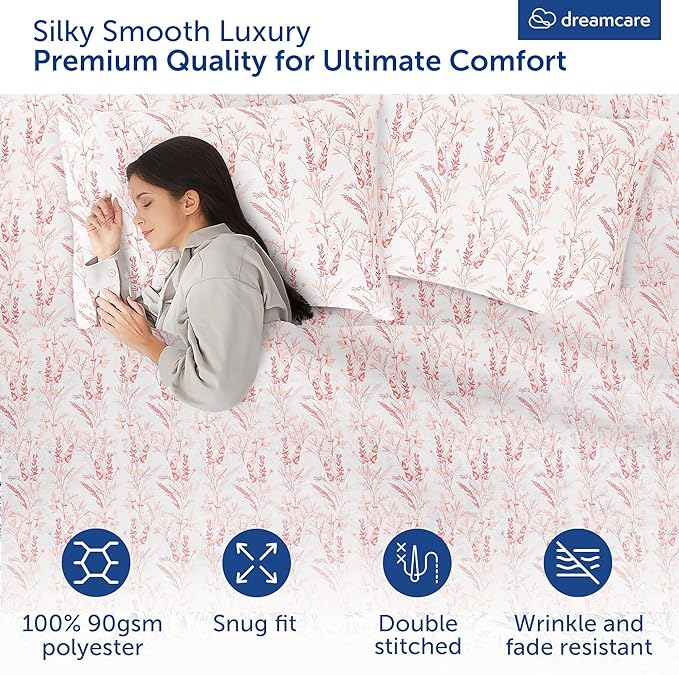 DREAMCARE Queen Size Sheets - Floral Sheets Queen Size Bed Set - 4pcs Queen Sheet Set - Cooling Bed Sheets - Queen Size Sheet Sets - Soft & Long Lasting 100% Brushed Floral Bed Set - Floral Pink