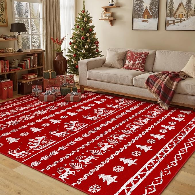 Christmas Area Rug 5x7 Red Kitchen Washable Carpet Xmas Snowflake Holiday Decor by PureCozy
