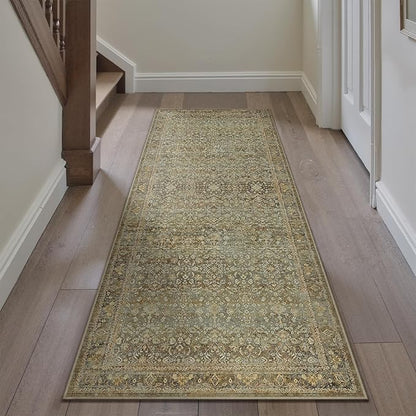 Runner Rug 2x8 Brown Hallway Washable Kitchen Vintage Carpet Non Slip Long Indoor Bedroom Retro Traditional Accent Throw Rug for Bathroom Office Entryway Laundry Dining