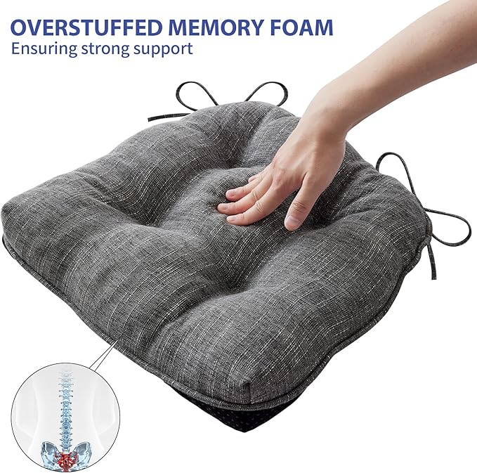 Chair Cushions for Dining Chairs Set of 4, Kitchen Chair Cushions, Chair Pads with Ties and Non Slip Backing, Tufted Memory Foam Seat Cushion 4 Pack, 15.5" x 15.5" x 4", Dark Gray