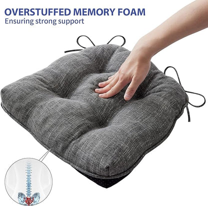 Chair Cushions for Dining Chairs Set of 4, Kitchen Chair Cushions, Chair Pads with Ties and Non Slip Backing, Tufted Memory Foam Seat Cushion 4 Pack, 15.5" x 15.5" x 4", Dark Gray