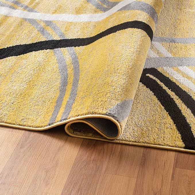Rugshop Wavy Circles Design Runner Rug, Non-Shedding Carpet for Hallway, Entryway, or Kitchen, Yellow, 2' x 10'